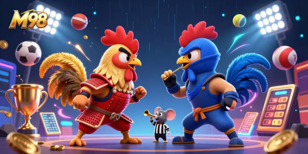 M98 sports betting illustration of twin cartoon roosters in a dramatic standoff with dynamic sports elements.