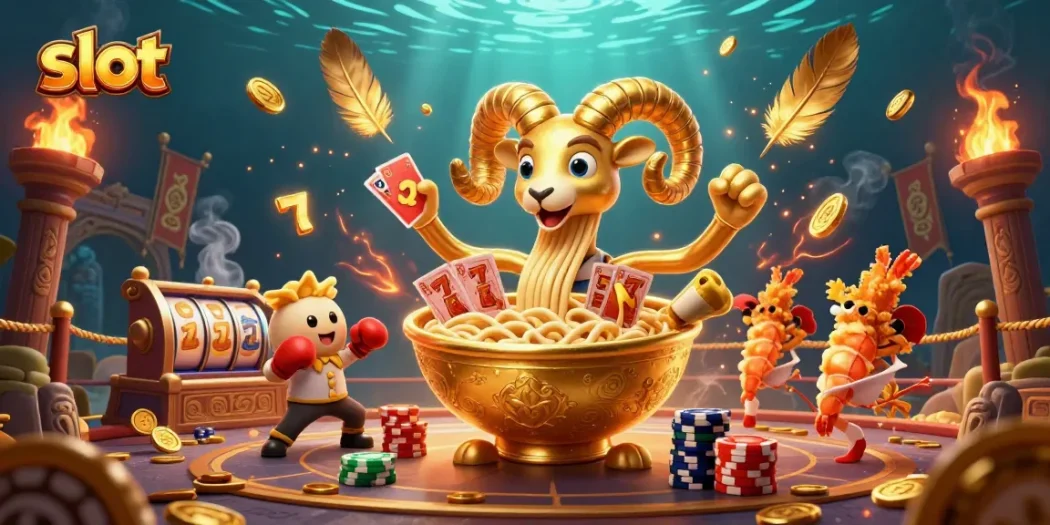 Join the slot action with a giant ramen bowl dealer amidst a vibrant casino setting.