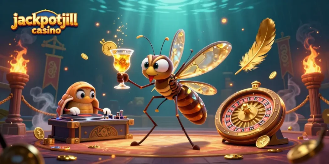 Engage in thrilling gameplay at jackpotjill casino with a vibrant, ultra-detailed illustration of a frozen mosquito mascot and casino elements.