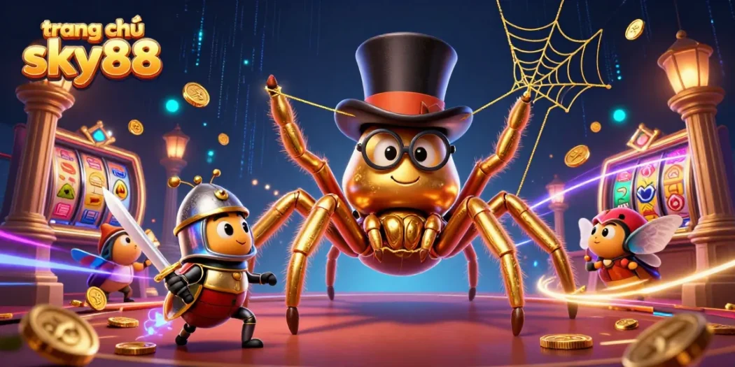 Experience the vibrant energy of trang chủ sky88 with a golden tarantula and dynamic gaming elements.