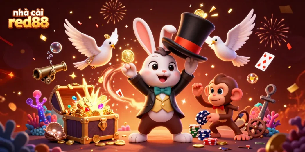 Experience the excitement of nhà cái red88 as the magician rabbit conjures coins, while poker chips are playfully swiped by a monkey.