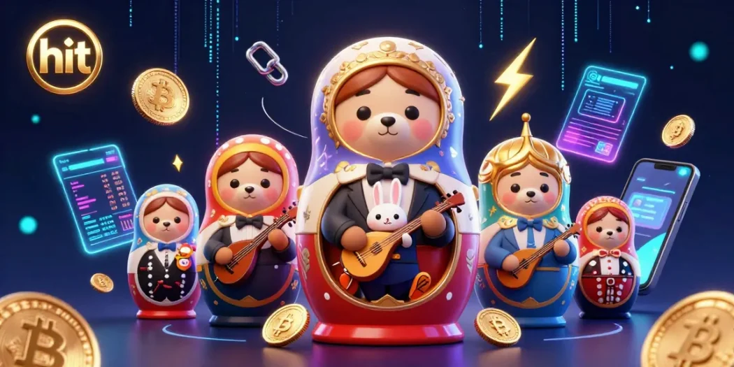 Experience the thrill of hit at the casino with a vibrant scene featuring 3D Matryoshka bears and crypto elements.