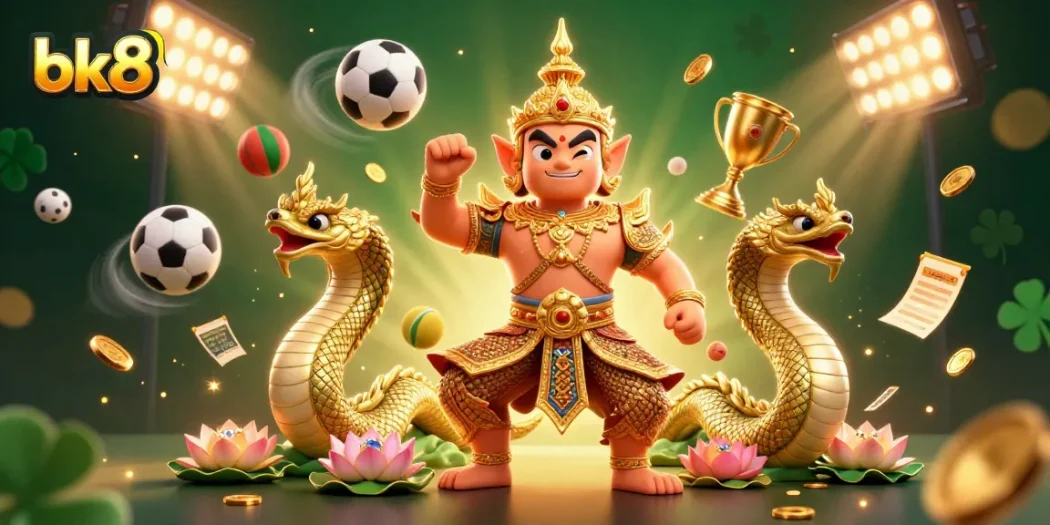 Place bets with bk8 in a vibrant 3D scene featuring Thai guardians and sports elements
